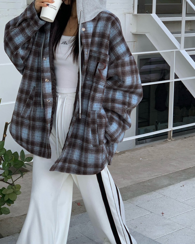 REVE CITE-L東大門㊣實拍女士新品休閑夾克連帽衫羊毛格子REVE CITE夾克圖色1