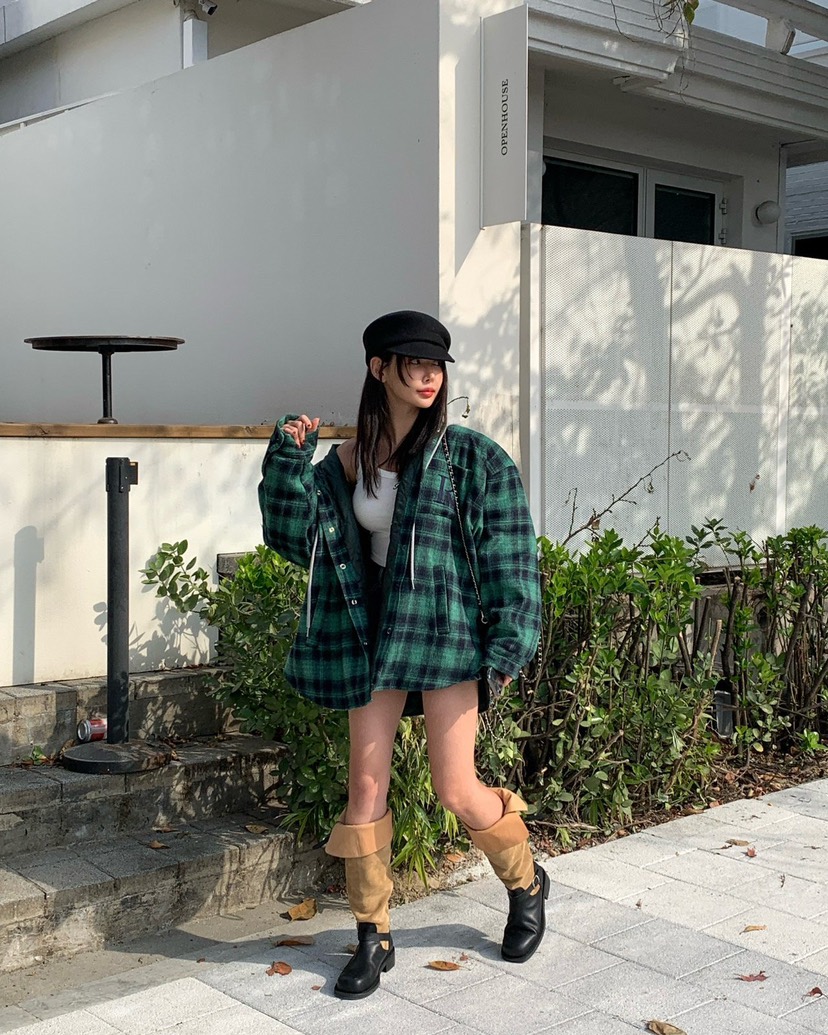 REVE CITE-L東大門㊣實拍女士新品休閑夾克連帽衫羊毛格子REVE CITE夾克圖色2