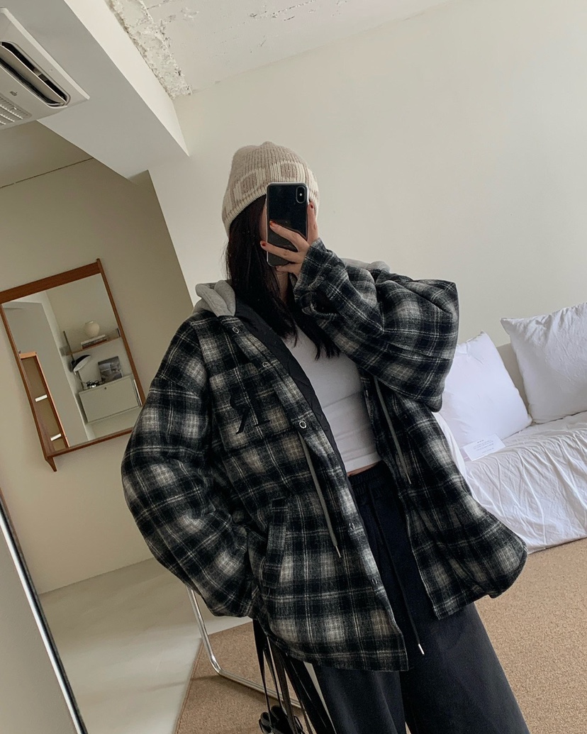 REVE CITE-L東大門㊣實拍女士新品休閑夾克連帽衫羊毛格子REVE CITE夾克圖色3