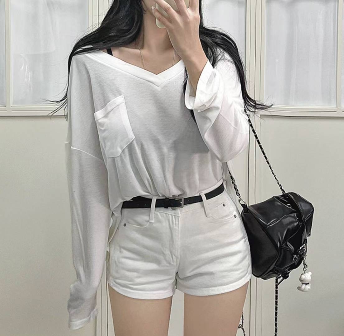 LAURENT東大門㊣代購女裝新款25秋冬休閑長袖T恤V領口袋柔軟LAURENT長袖T恤