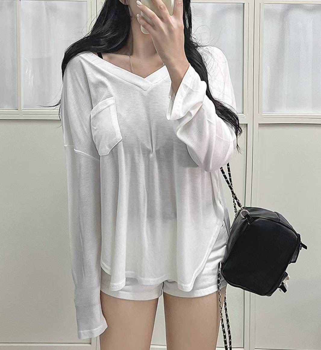 LAURENT東大門㊣代購女裝新款25秋冬休閑長袖T恤V領口袋柔軟LAURENT長袖T恤圖色1