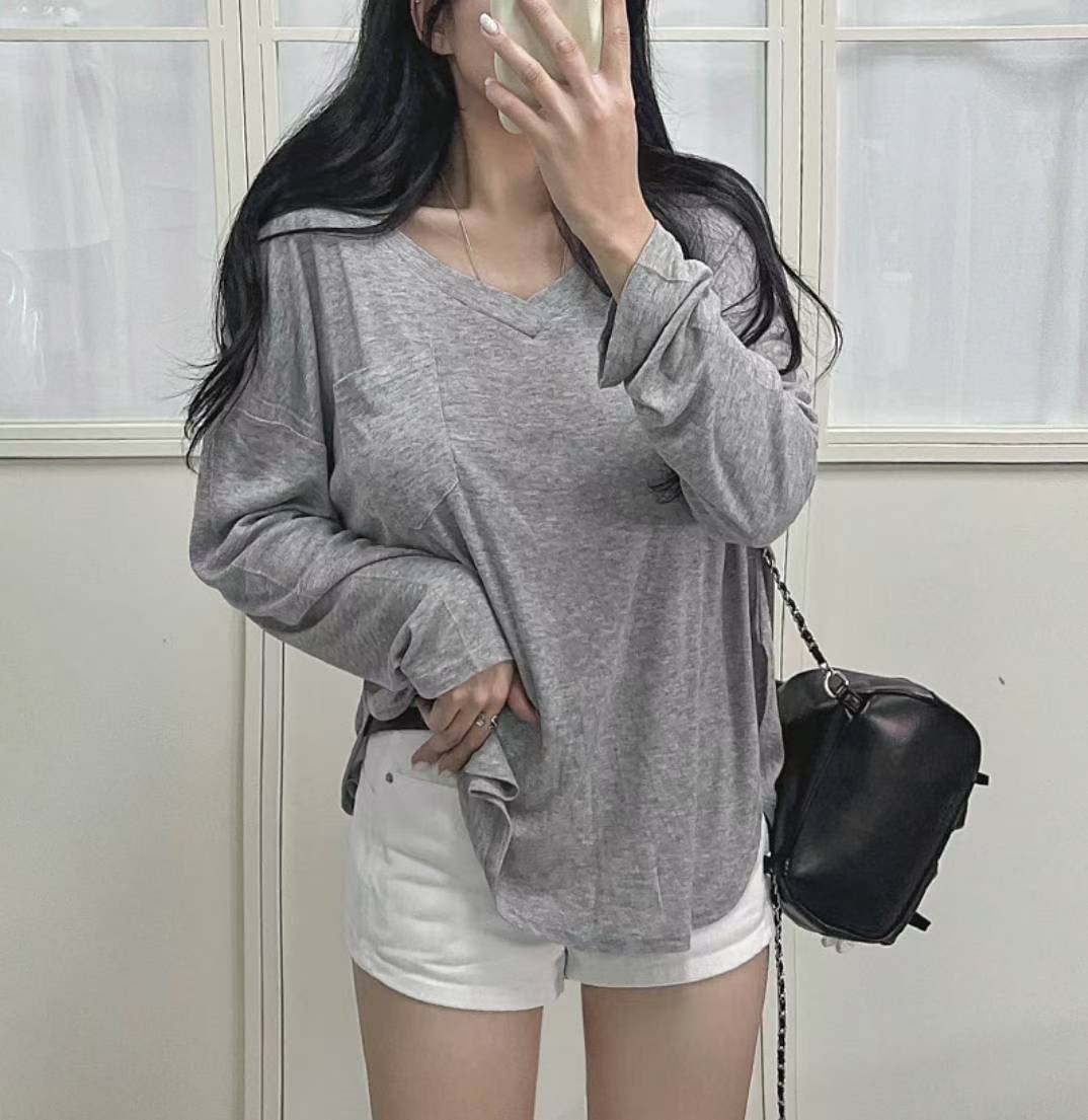 LAURENT東大門㊣代購女裝新款25秋冬休閑長袖T恤V領口袋柔軟LAURENT長袖T恤圖色2