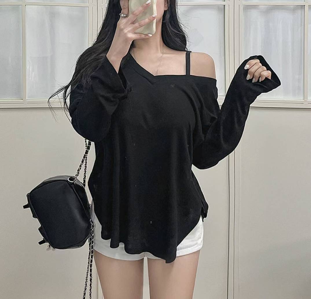 LAURENT東大門㊣代購女裝新款25秋冬休閑長袖T恤V領口袋柔軟LAURENT長袖T恤圖色3