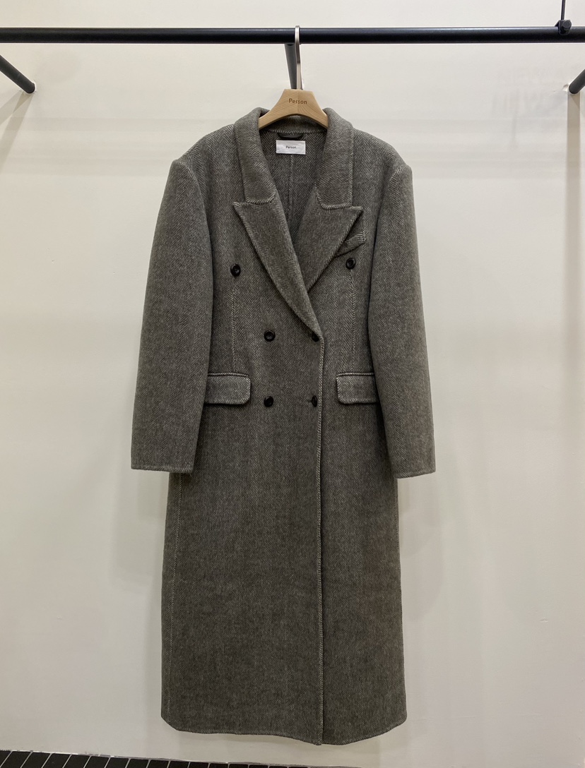 PERSON東大門㊣代購女士新品推薦休閑熱賣中長款大衣人字紋PERSON中長款大衣圖色1