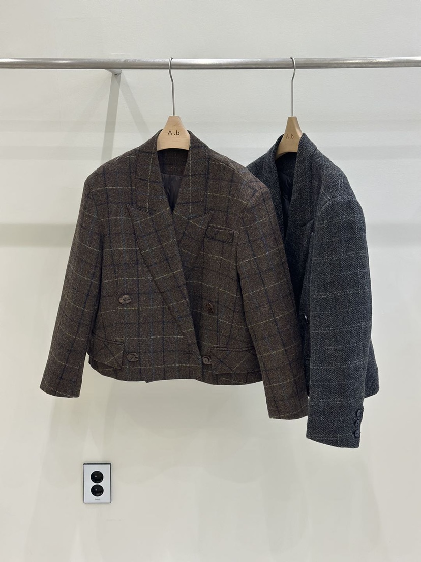 AUTUMN BEIGE-Q韓國代購㊣女裝新品25秋冬推薦夾克格紋絨A.b/AUTUMN BEIGE夾克