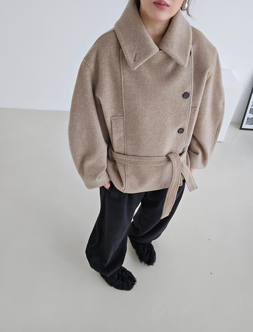 J SHOP韓國直郵㊣女士新品時尚真品人氣休閑短款大衣含腰帶J_SHOP短款大衣