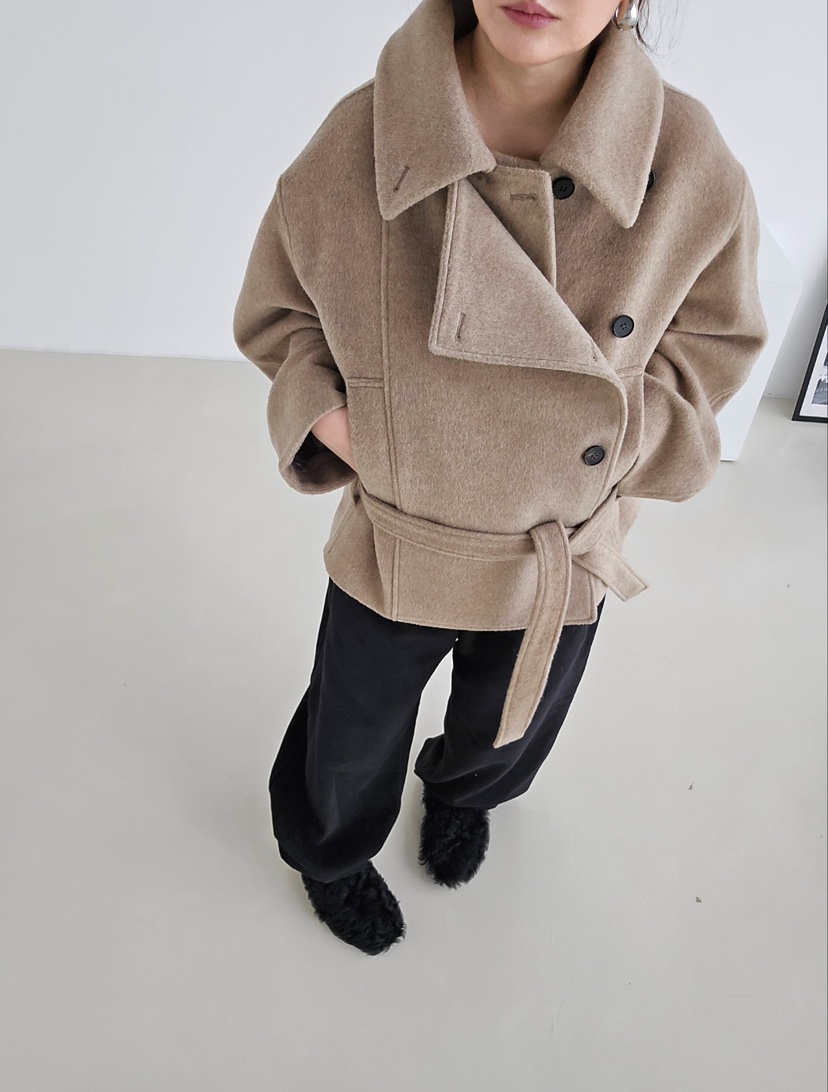 J SHOP韓國直郵㊣女士新品時尚真品人氣休閑短款大衣含腰帶J_SHOP短款大衣