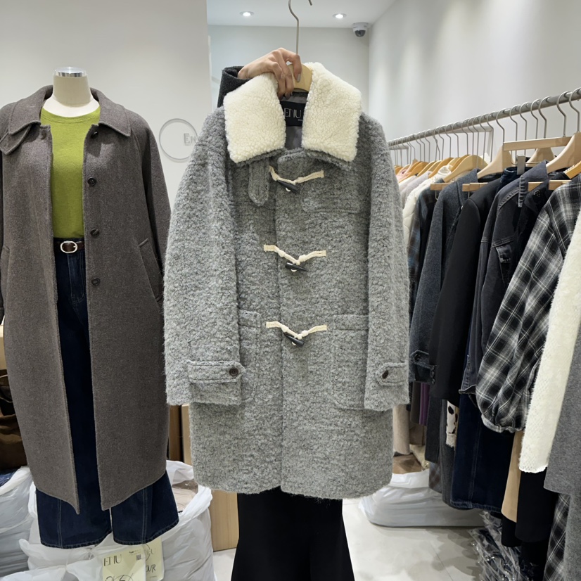 EN.U東大門㊣直郵女裝新品時尚中長款大衣毛領可拆可拆卸羊毛雙層EN.U中長款大衣圖色1