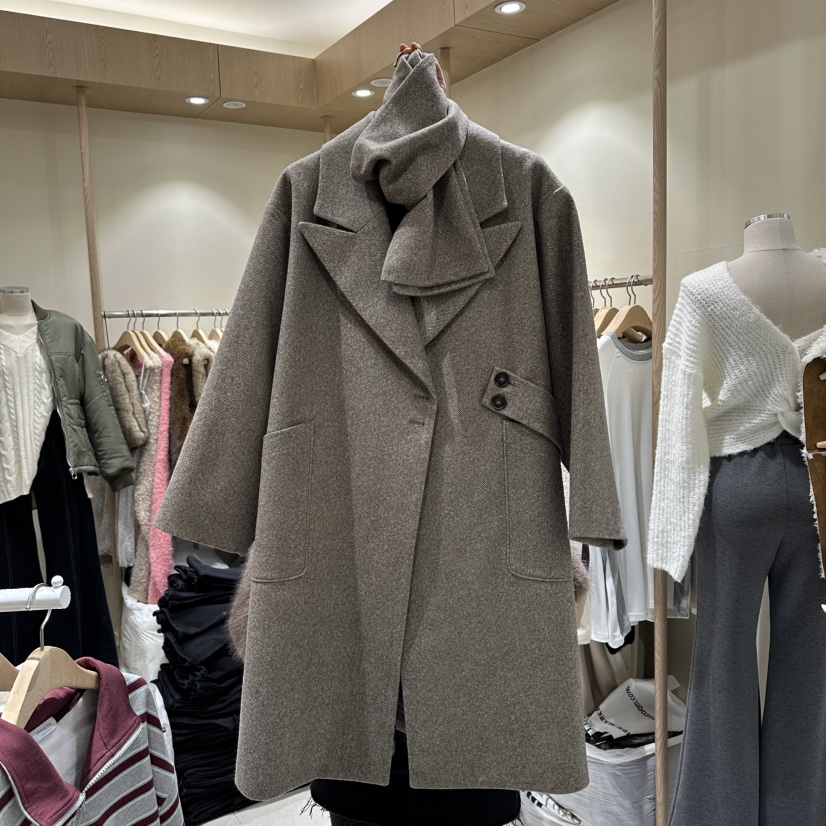 VINTAGE VIBE東大門㊣實拍女士新款25秋冬中長款大衣人字紋含腰帶VINTAGE VIBE中長款大衣圖色1