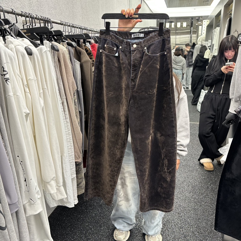 NUEUN東大門㊣實拍女裝新款職業人氣推薦時尚休閑牛仔褲絲絨NUEUN/SEEOT牛仔褲圖色1