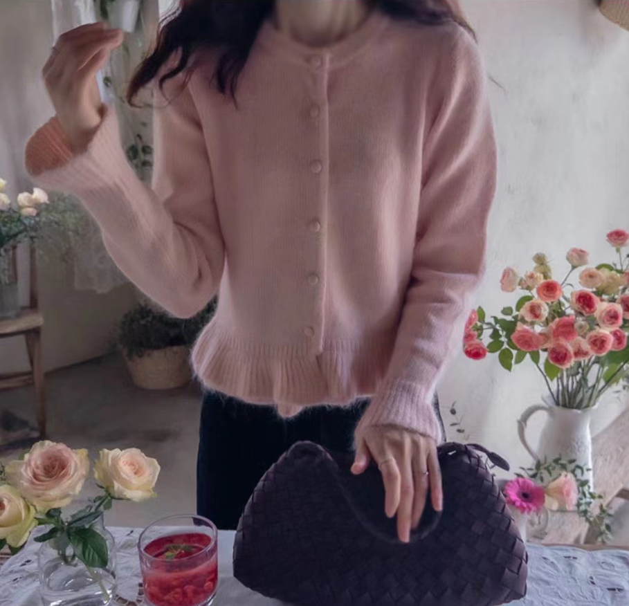 AGAIN US東大門㊣直郵女士新款人氣時尚推薦針織衫荷葉邊開衫AGAIN US針織衫圖色2