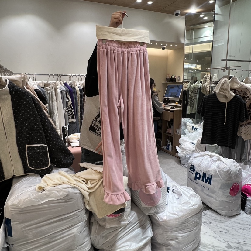 BY FLOW韓國代購㊣女士新品推薦熱賣職業休閑褲天鵝絨荷葉邊BY FLOW休閑褲