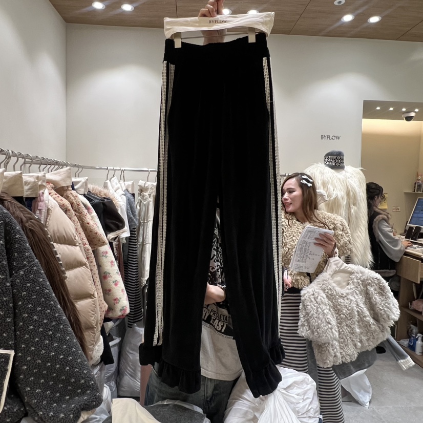 BY FLOW韓國代購㊣女士新品推薦熱賣職業休閑褲天鵝絨荷葉邊BY FLOW休閑褲圖色1