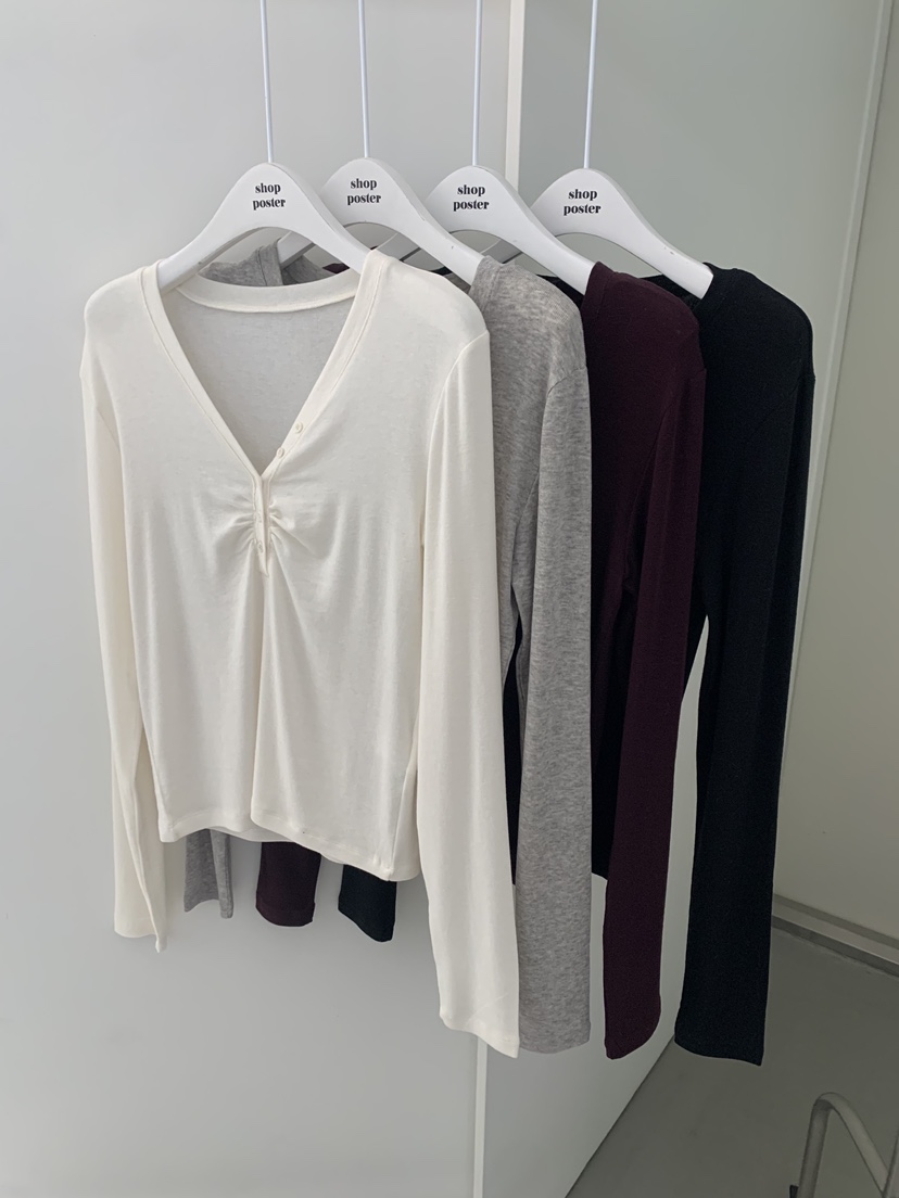 SHOP POSTER韓國代購㊣女裝新款人氣職業熱賣長袖T恤紐扣羅紋SHOP_POSTER長袖T恤