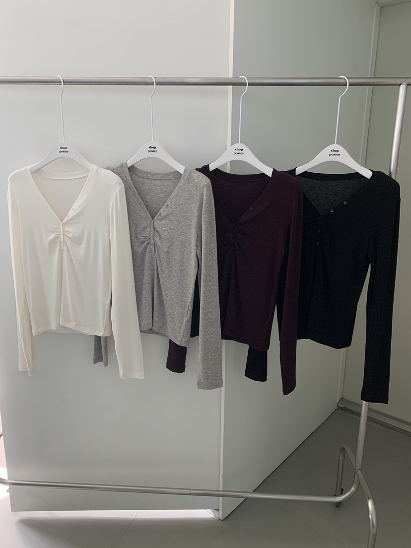 SHOP POSTER韓國代購㊣女裝新款人氣職業熱賣長袖T恤紐扣羅紋SHOP_POSTER長袖T恤