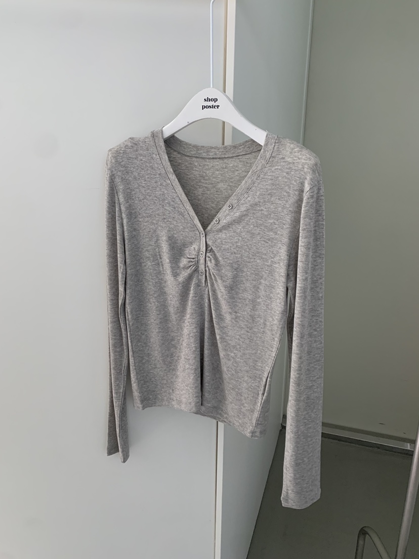 SHOP POSTER韓國代購㊣女裝新款人氣職業熱賣長袖T恤紐扣羅紋SHOP_POSTER長袖T恤圖色2