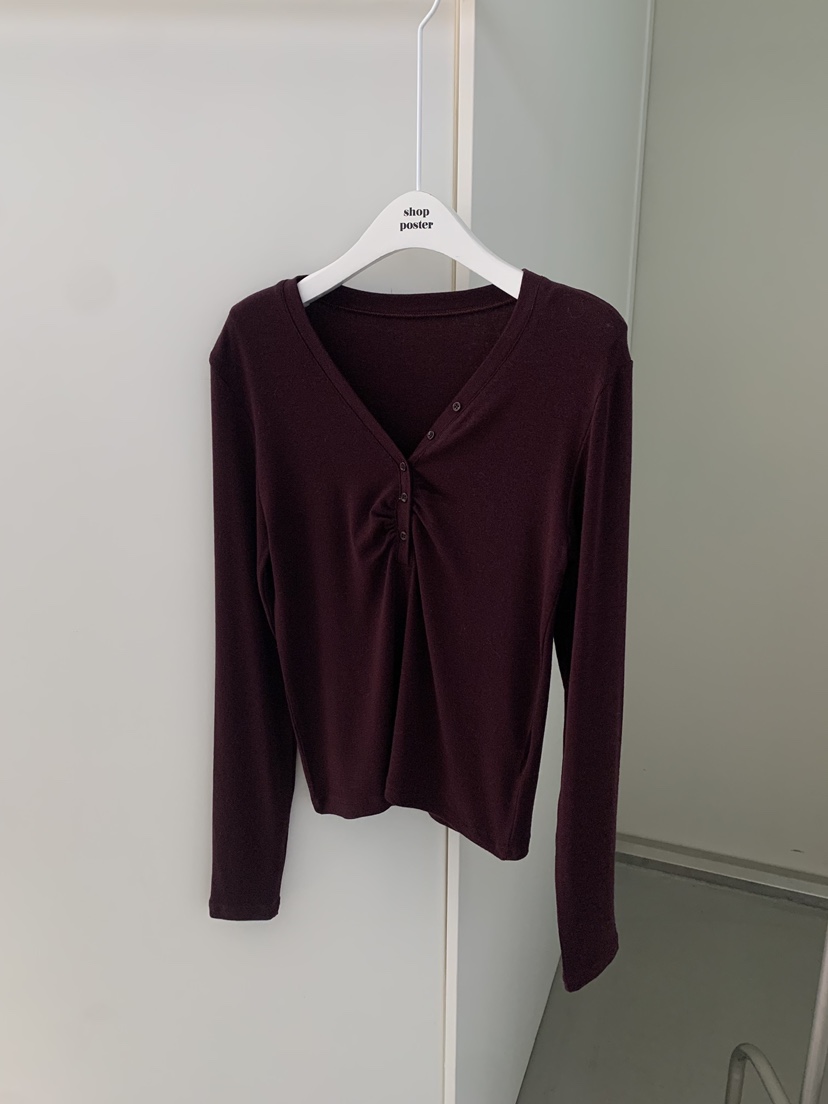 SHOP POSTER韓國代購㊣女裝新款人氣職業熱賣長袖T恤紐扣羅紋SHOP_POSTER長袖T恤圖色3