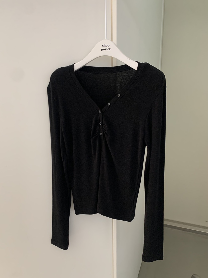 SHOP POSTER韓國代購㊣女裝新款人氣職業熱賣長袖T恤紐扣羅紋SHOP_POSTER長袖T恤圖色4