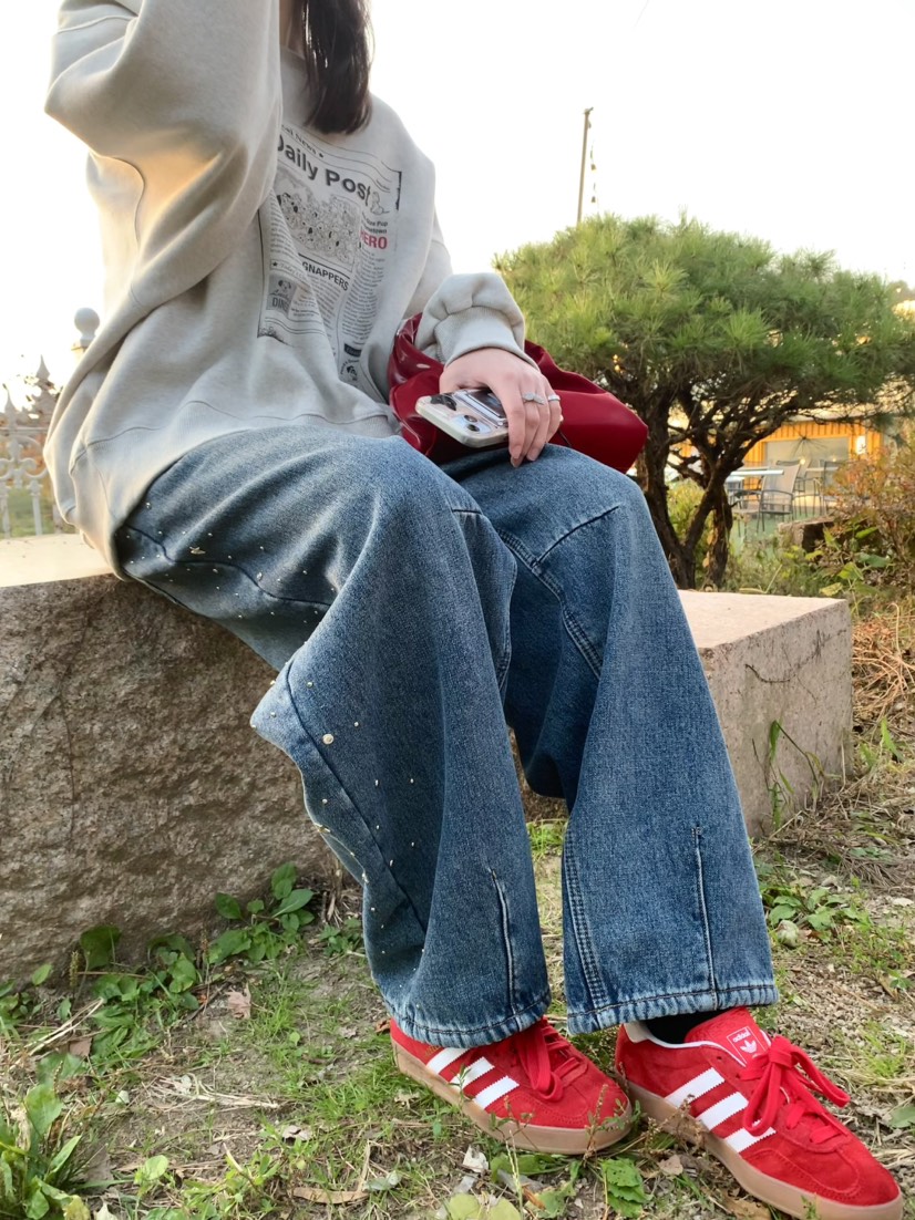 STICK WITH韓國代購㊣女士新款時尚人氣推薦熱賣牛仔褲加絨STICK WITH牛仔褲