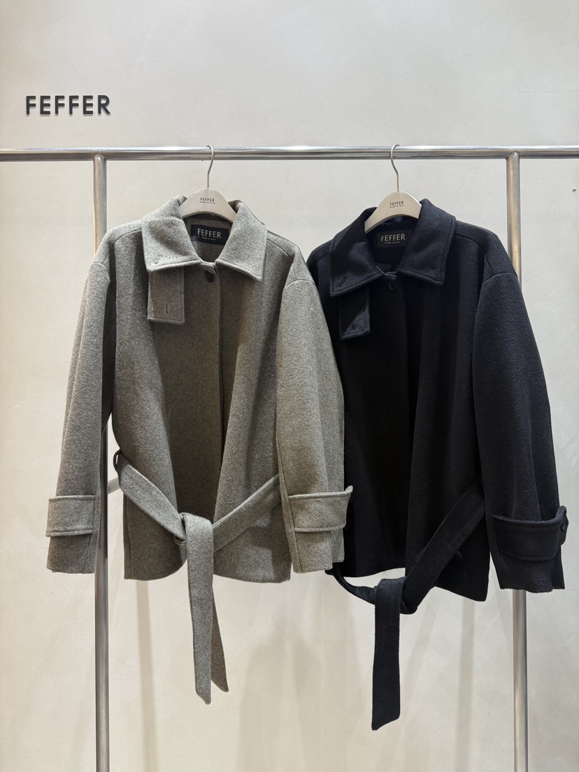 FEFFER東大門㊣實拍女裝新品人氣25秋冬熱賣短款大衣含腰帶FEFFER短款大衣