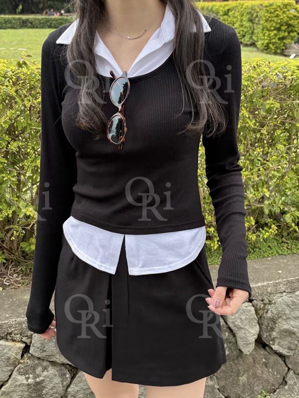 O-RI-오리-T東大門㊣代購女裝新品休閑人氣長袖T恤假兩件O-RI長袖T恤圖色5