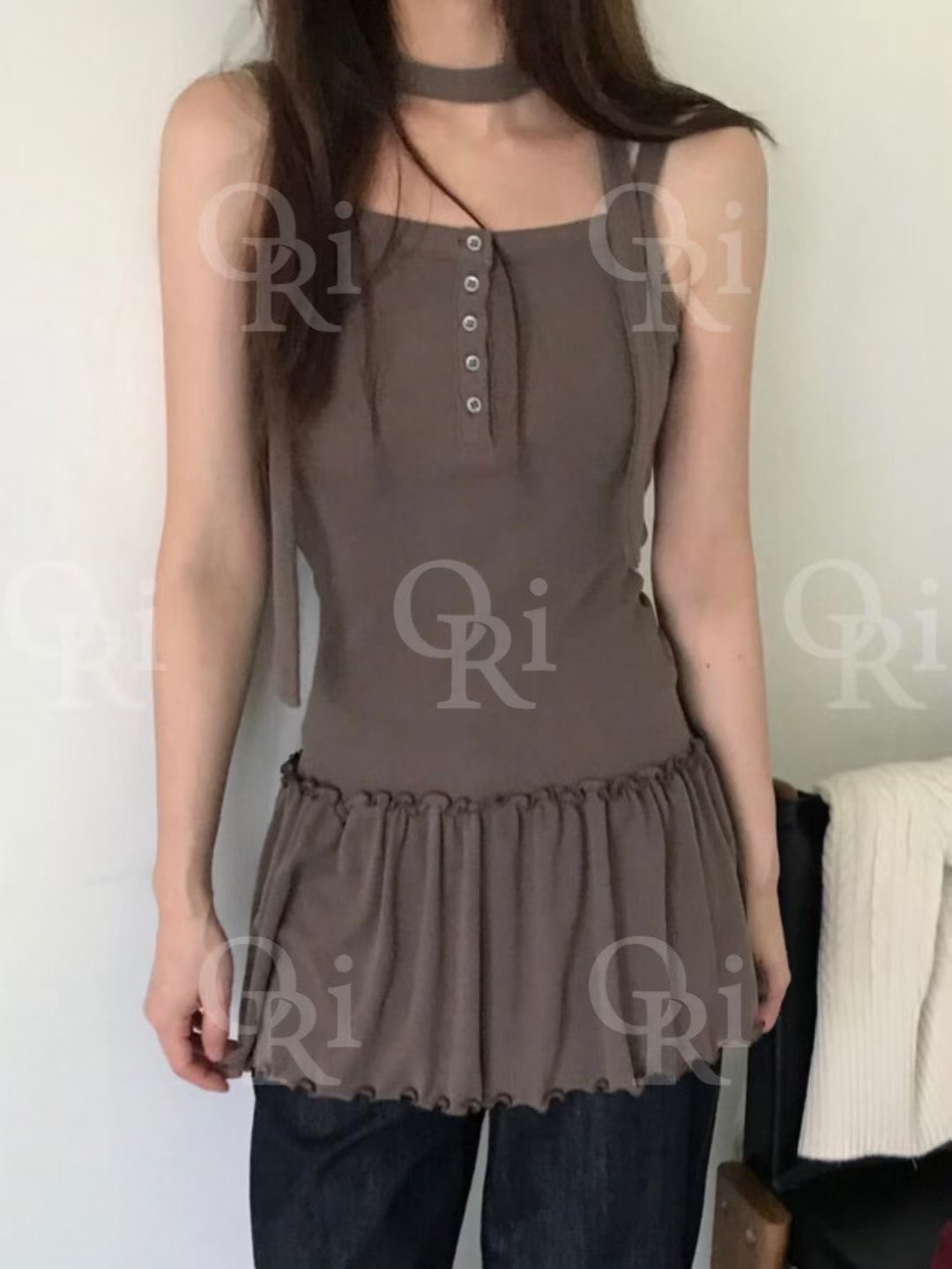 O-RI-오리-T韓國代購㊣女士新品推薦連衣裙含脖帶荷葉邊O-RI連衣裙圖色3