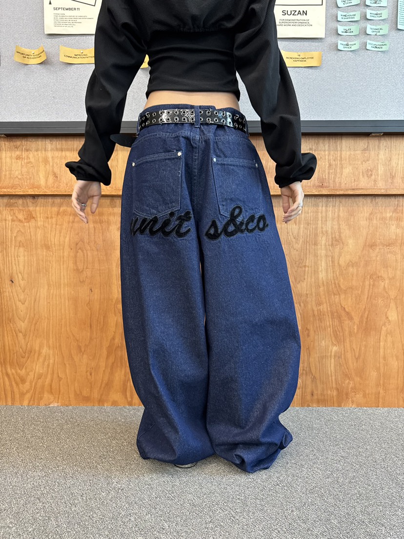 SEEOT東大門㊣實拍女裝新款職業牛仔褲不含腰帶男女同款天鵝絨刺繡SEEOT牛仔褲