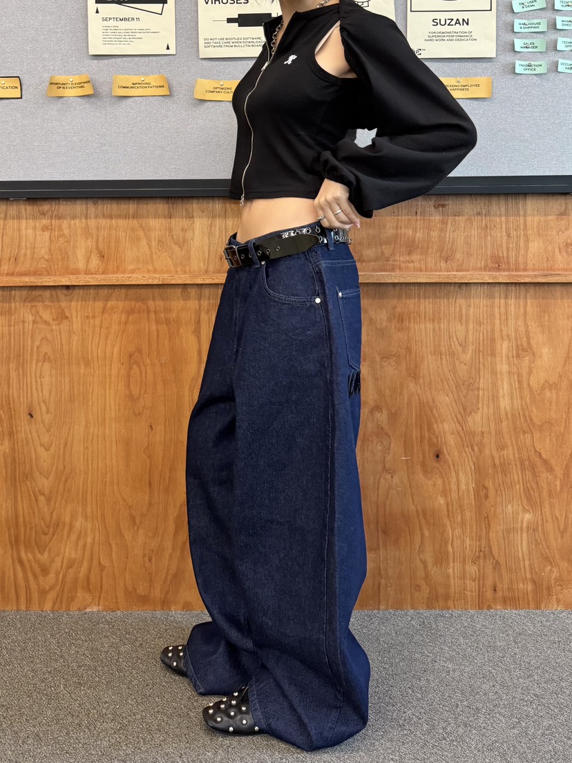 SEEOT東大門㊣實拍女裝新款職業牛仔褲不含腰帶男女同款天鵝絨刺繡SEEOT牛仔褲