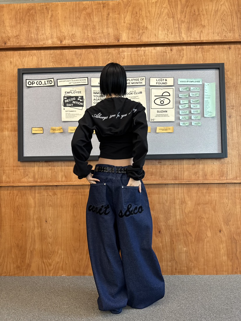 SEEOT東大門㊣實拍女裝新款職業牛仔褲不含腰帶男女同款天鵝絨刺繡SEEOT牛仔褲