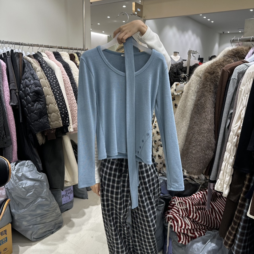 BENE東大門㊣代購女士新品熱賣休閑人氣時尚長袖T恤含脖帶紐扣BENE長袖T恤圖色2