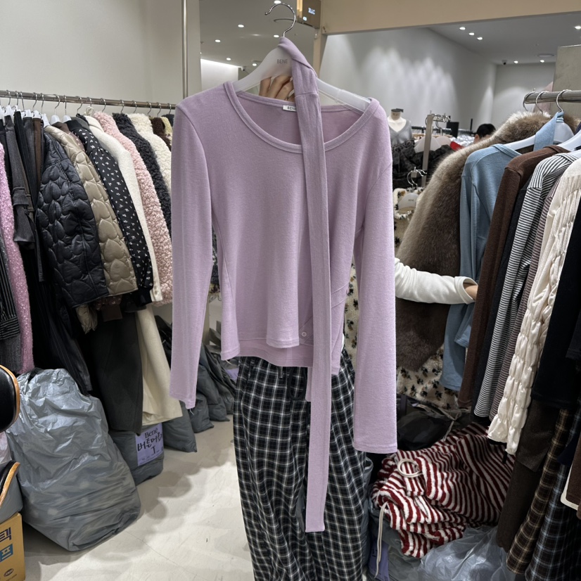 BENE東大門㊣代購女士新品熱賣休閑人氣時尚長袖T恤含脖帶紐扣BENE長袖T恤圖色3