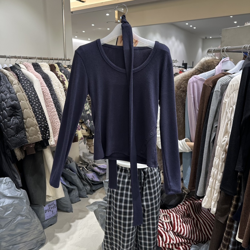 BENE東大門㊣代購女士新品熱賣休閑人氣時尚長袖T恤含脖帶紐扣BENE長袖T恤圖色4深藍色