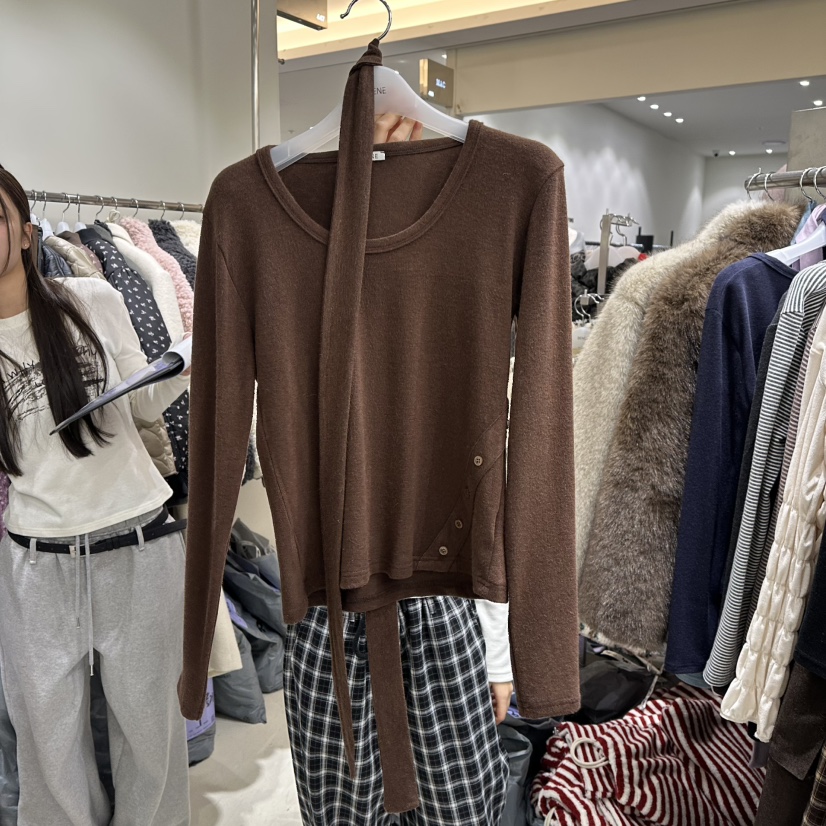 BENE東大門㊣代購女士新品熱賣休閑人氣時尚長袖T恤含脖帶紐扣BENE長袖T恤圖色5