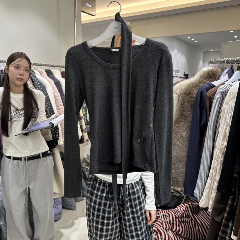 BENE東大門㊣代購女士新品熱賣休閑人氣時尚長袖T恤含脖帶紐扣BENE長袖T恤圖色6墨色