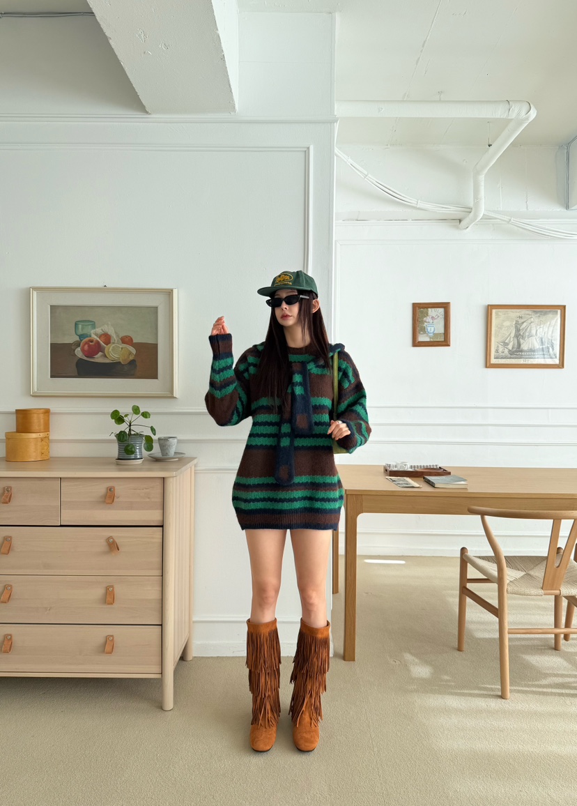 DENVER韓國代購㊣女裝新品休閑25秋冬熱賣針織衫含圍巾兜帽DENVER針織衫圖色2