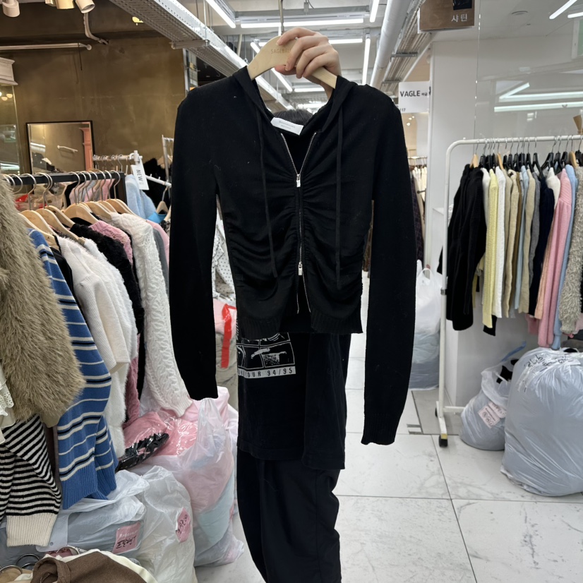 SAGE BRUSH東大門㊣實拍女裝新款25秋冬時尚針織衫連帽衫褶皺SAGE BRUSH針織衫圖色4黑色