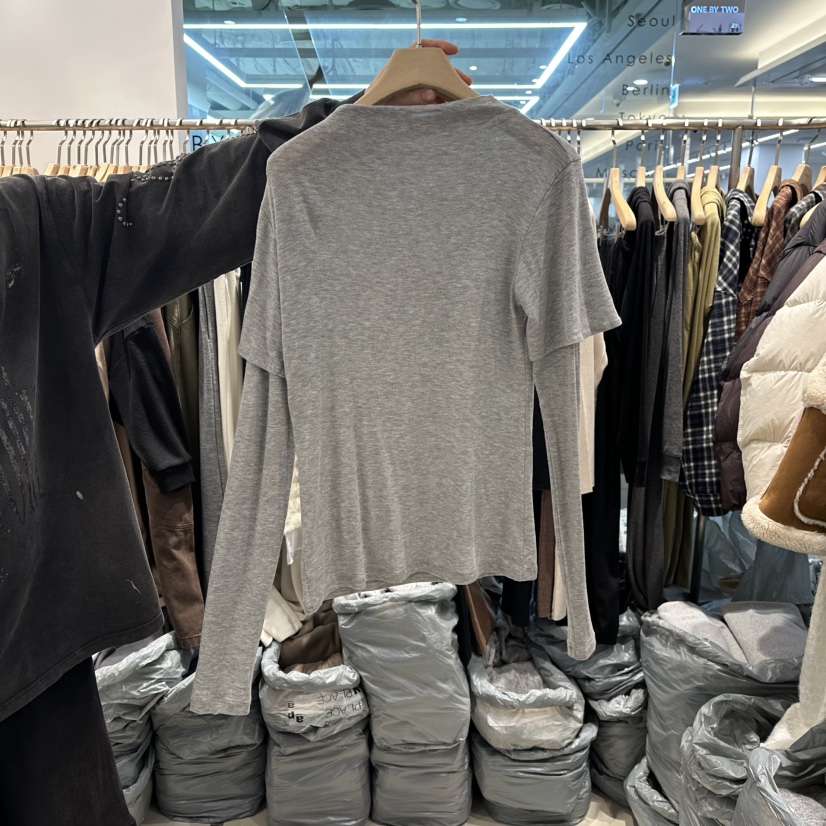 HONG.U東大門㊣代購女士新款人氣推薦職業長袖T恤假兩件天絲HONG.U長袖T恤