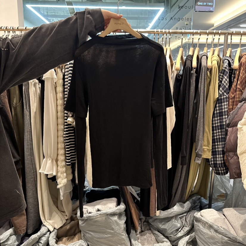 HONG.U東大門㊣代購女士新款人氣推薦職業長袖T恤假兩件天絲HONG.U長袖T恤圖色2