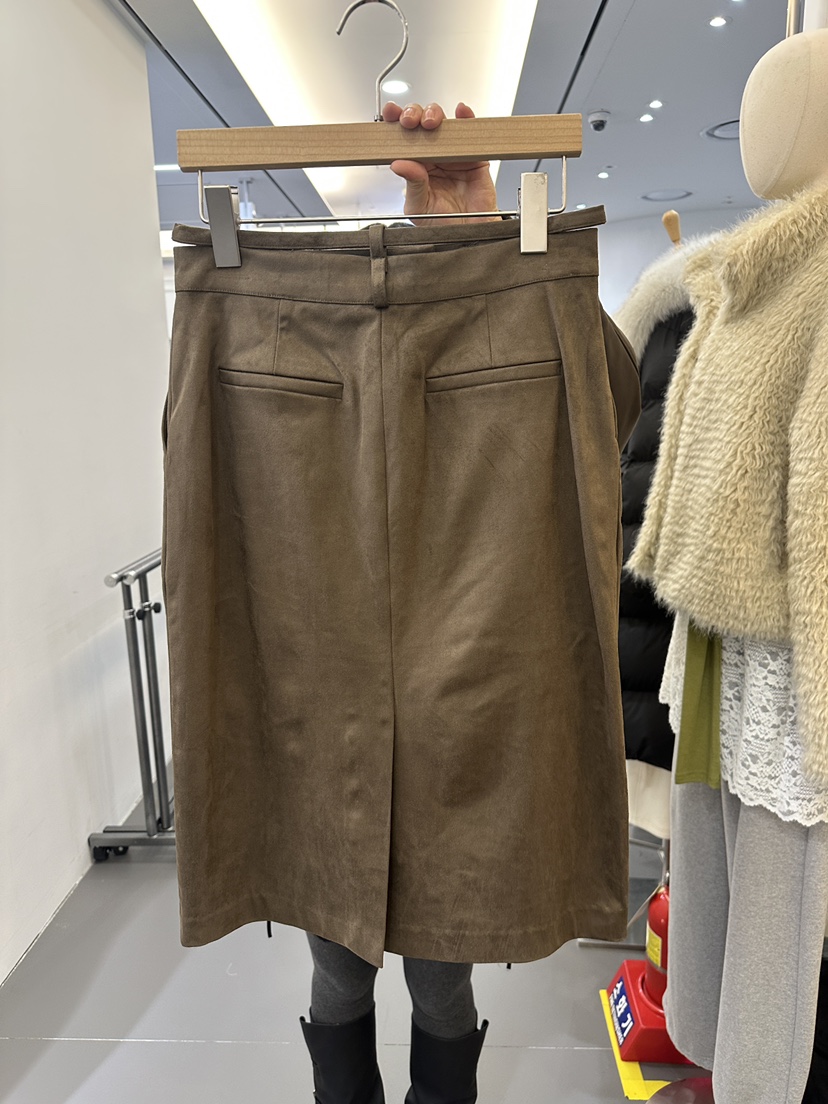 MONDAYMORING韓國代購㊣女裝新品人氣半身裙中短裙含腰帶麂皮MONDAYMORING半身裙/中短裙