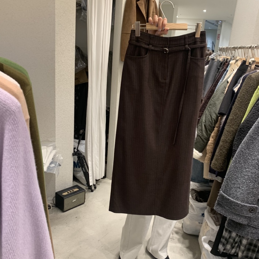 SSEMIENNE韓國代購㊣女士新品熱賣半身裙中短裙含腰繩腰帶條紋SSENIQUE半身裙/中短裙圖色2