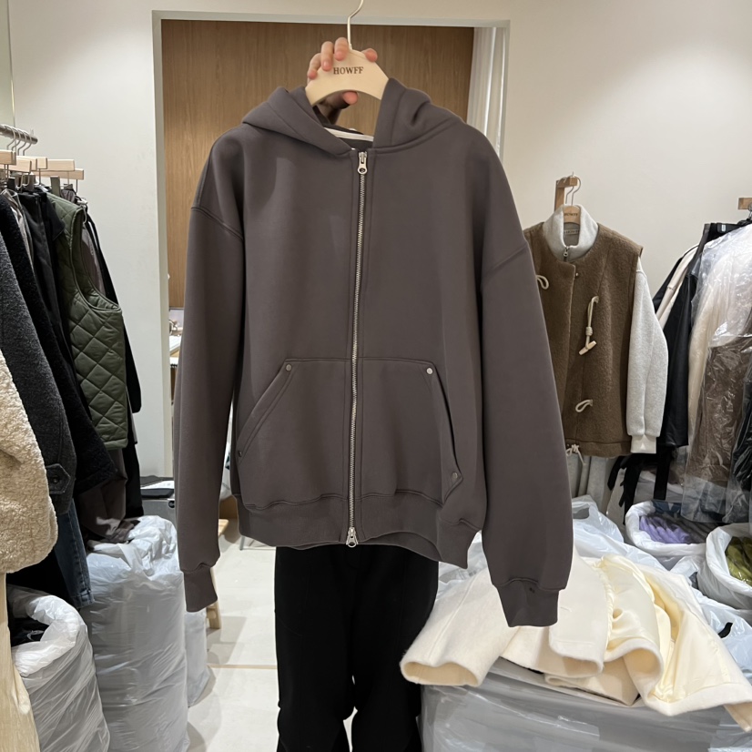 HOWFF韓國代購㊣女士新款熱賣25秋冬夾克連帽拉鏈衫加絨混紡HOWFF夾克圖色2