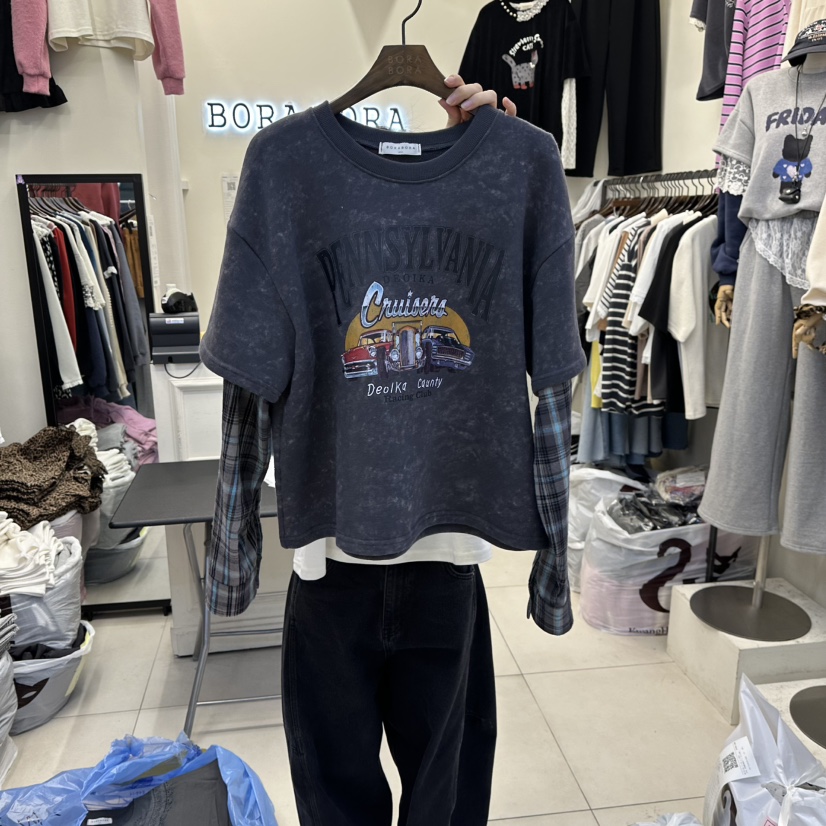 BORA BORA韓國直郵㊣女士新品人氣休閑推薦真品長袖T恤假兩件BORA BORA長袖T恤圖色1