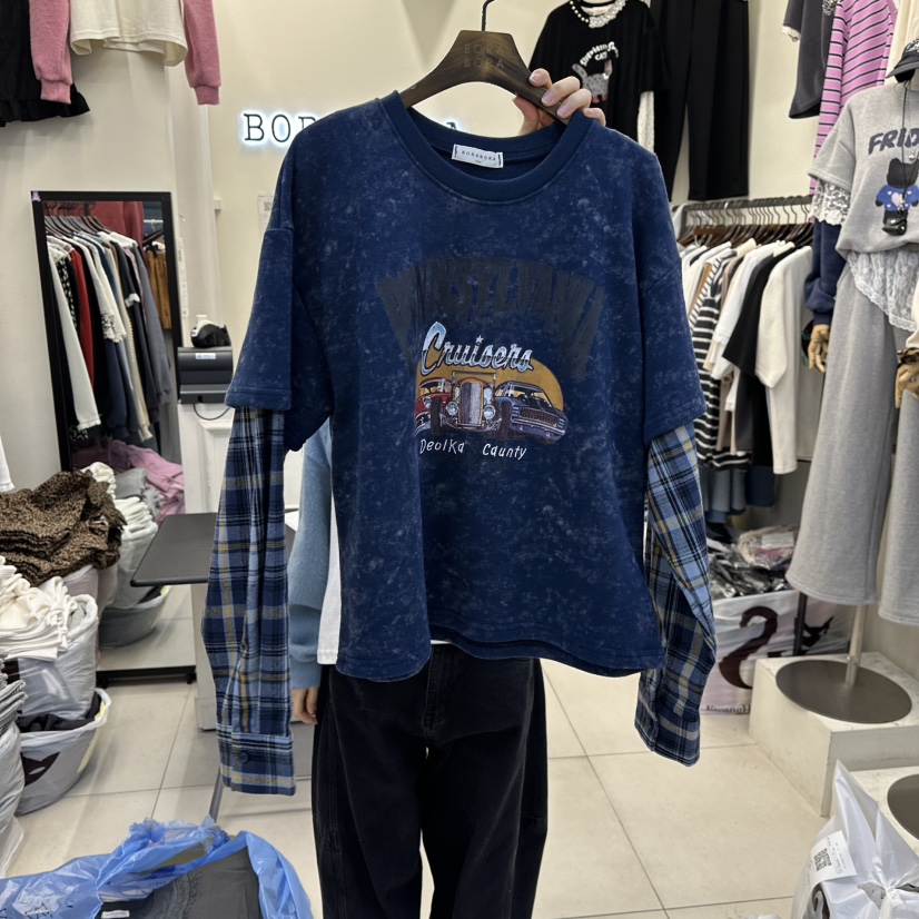 BORA BORA韓國直郵㊣女士新品人氣休閑推薦真品長袖T恤假兩件BORA BORA長袖T恤圖色2