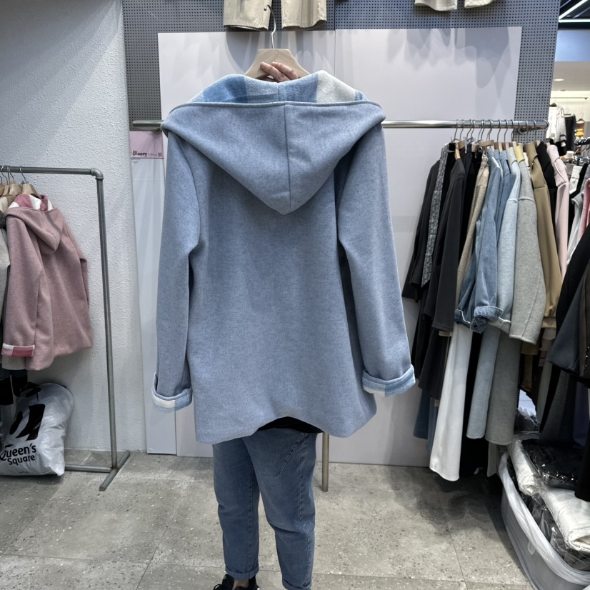 BLOOM東大門㊣實拍女士新款25秋冬休閑人氣短款大衣連帽衫格子BLOOM-Q短款大衣