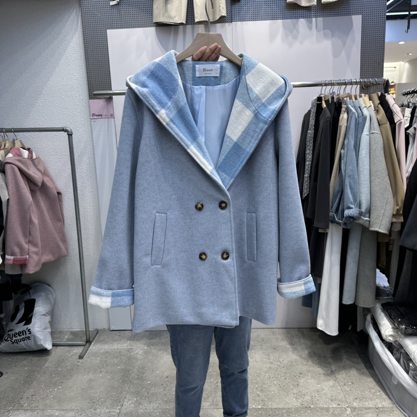 BLOOM東大門㊣實拍女士新款25秋冬休閑人氣短款大衣連帽衫格子BLOOM-Q短款大衣圖色1