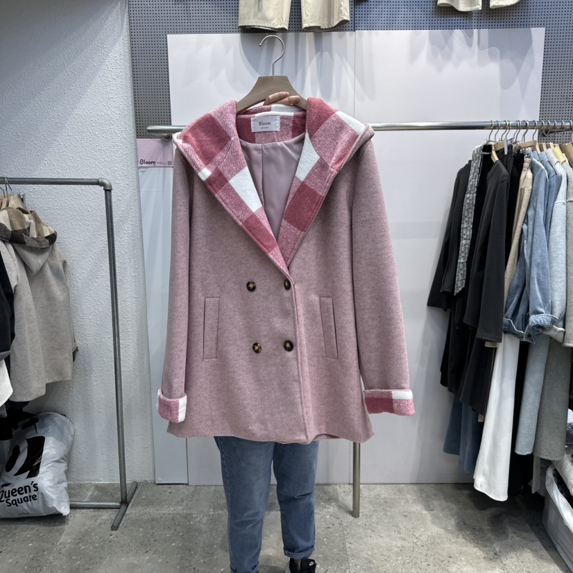 BLOOM東大門㊣實拍女士新款25秋冬休閑人氣短款大衣連帽衫格子BLOOM-Q短款大衣圖色2