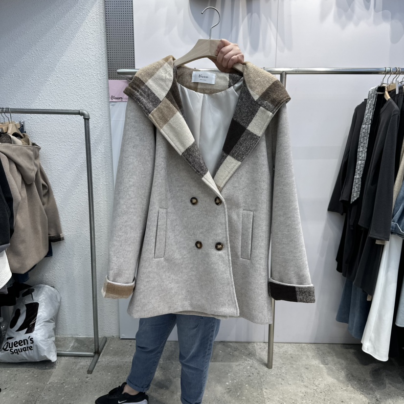 BLOOM東大門㊣實拍女士新款25秋冬休閑人氣短款大衣連帽衫格子BLOOM-Q短款大衣圖色3