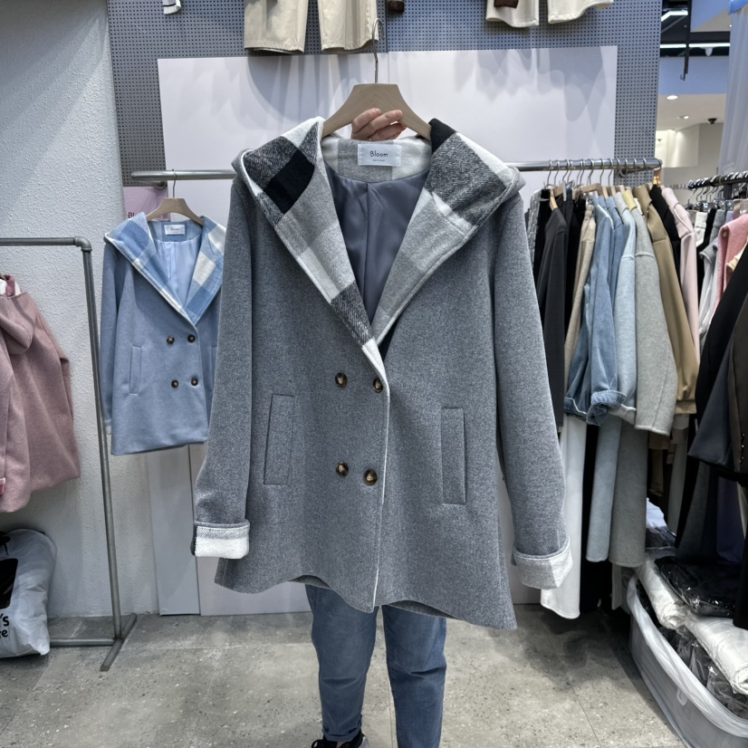 BLOOM東大門㊣實拍女士新款25秋冬休閑人氣短款大衣連帽衫格子BLOOM-Q短款大衣圖色4
