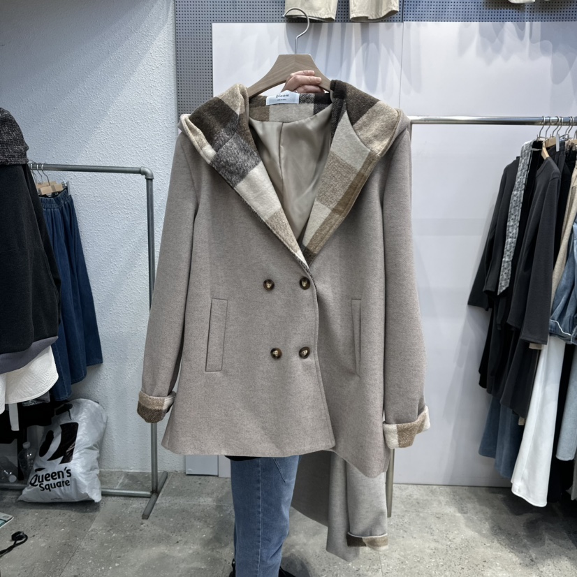 BLOOM東大門㊣實拍女士新款25秋冬休閑人氣短款大衣連帽衫格子BLOOM-Q短款大衣圖色5