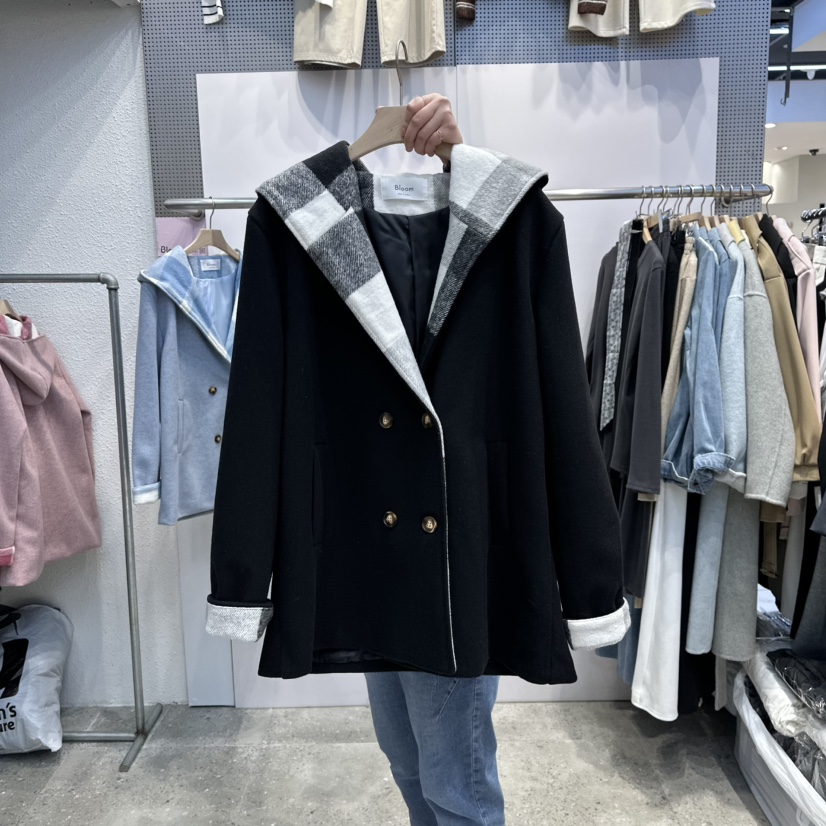 BLOOM東大門㊣實拍女士新款25秋冬休閑人氣短款大衣連帽衫格子BLOOM-Q短款大衣圖色6